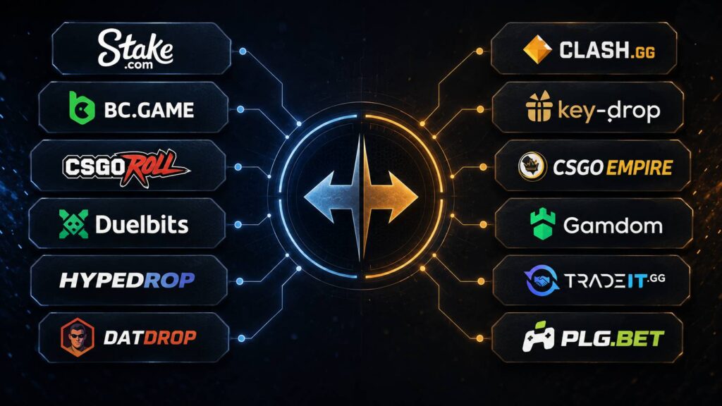 Comparison infographic featuring Stake.com, BC.Game, CSGORoll, Duelbits, HypeDrop, DatDrop, Clash.gg, Key-Drop, CSGOEmpire, Gamdom, Tradeit.gg, and PLG.BET logos.