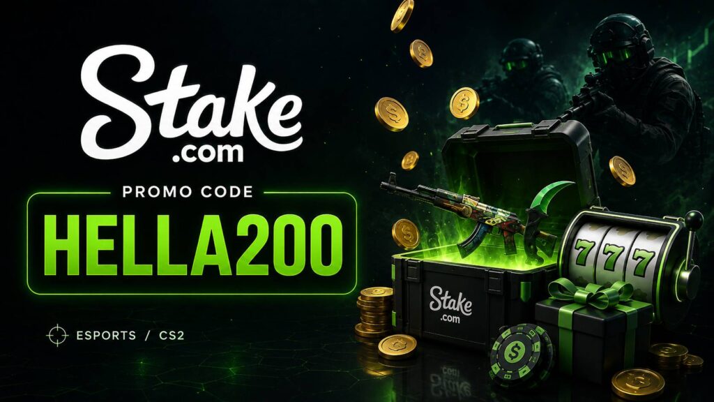 Stake.com promo graphic featuring the HELLA200 code, a green-themed esports betting interface, CS2-style tactical characters, and gaming elements.