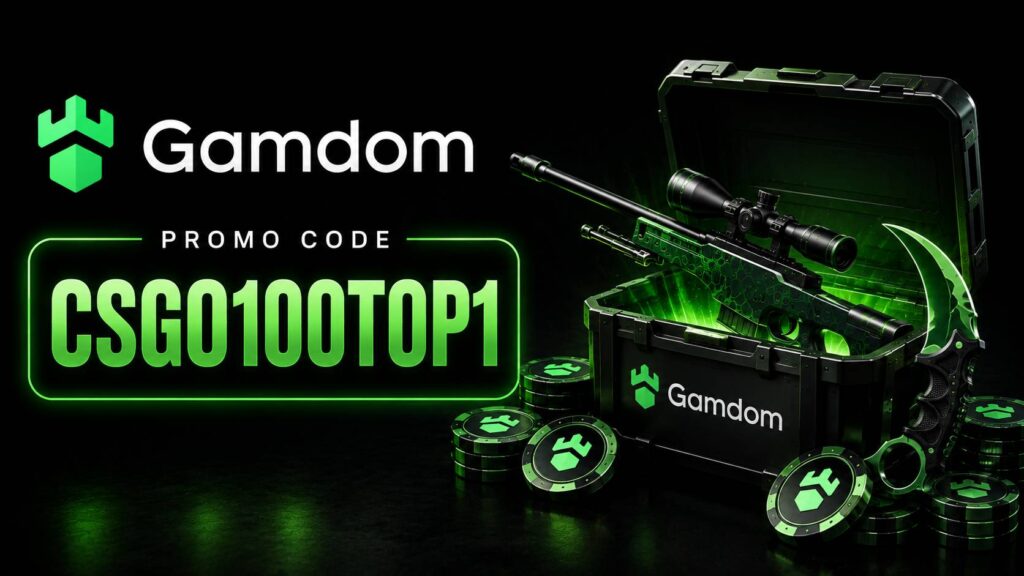Gamdom promo graphic featuring the CSGO100TOP1 code, Gamdom logo, green case-opening visuals, CS2 weapon skins, Case Battles, Upgrader, VIP rewards, and gaming features.