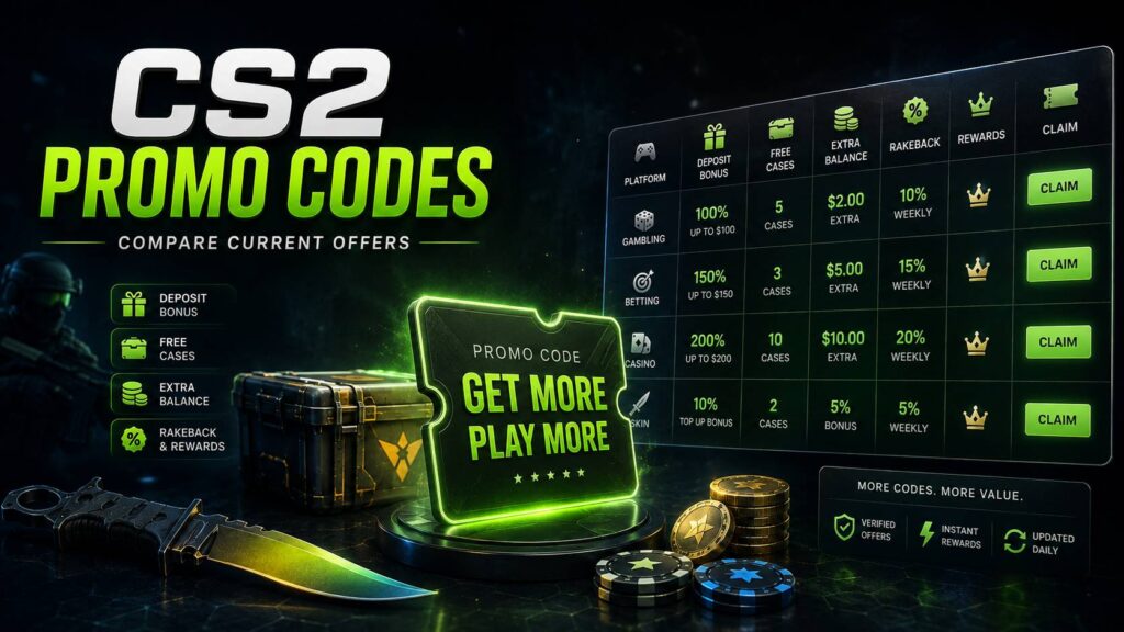 CS2 promo codes featured image showing deposit bonuses, free cases, extra balance, rakeback, rewards, and a promo code comparison interface.