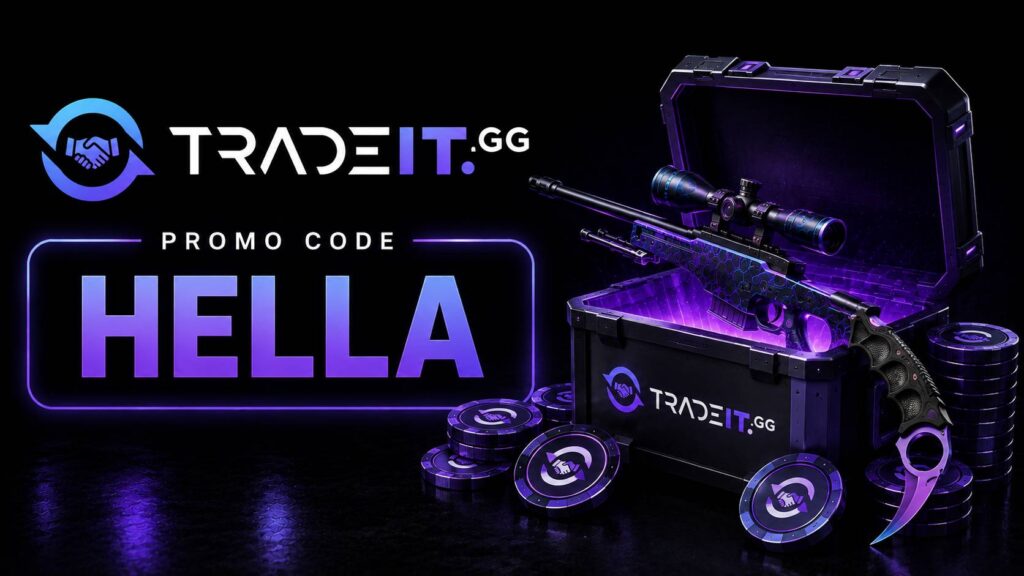 Tradeit.gg promo graphic featuring the HELLA code, Tradeit.gg logo, purple-and-blue CS2 skin trading visuals, weapon skins, instant trading, cashout, marketplace features, and support tools.
