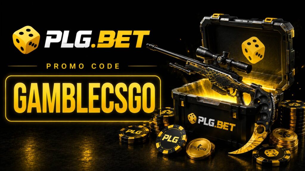PLG.BET promo graphic featuring the GAMBLECSGO code, PLG.BET logo, pink-and-purple gaming visuals, CS2 weapon skins, Case Battles, Upgrader, rewards, and platform features.