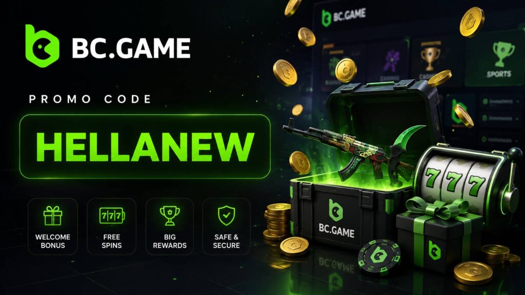 BC.Game promo graphic featuring the HELLANEW code, green gaming visuals, casino elements, free spins, rewards, and CS2-style items.