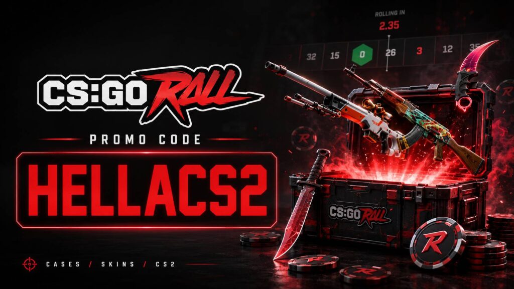 CSGORoll promo graphic featuring the HELLACS2 code, the CSGORoll logo, red neon styling, CS2 weapon skins, a glowing case, and gaming tokens.