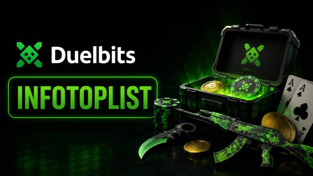 Duelbits promo graphic featuring the INFOTOPLIST code, Duelbits logo, green gaming interface, Ace’s Rewards, rakeback, casino elements, and CS2-style weapon skins.
