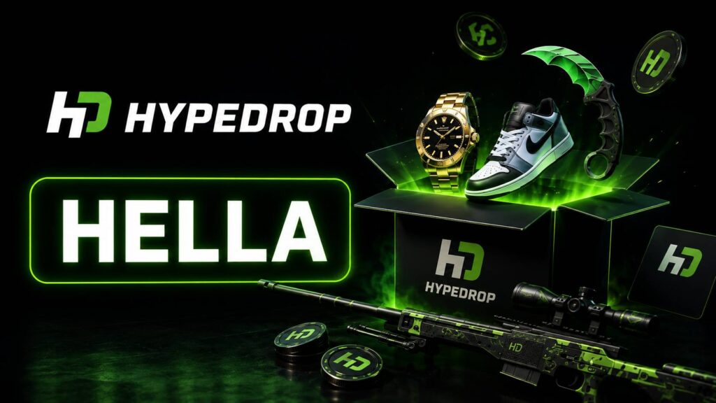 HypeDrop promo graphic featuring the HELLA code, HypeDrop logo, neon green unboxing interface, mystery-box rewards, gaming items, and free-box features.