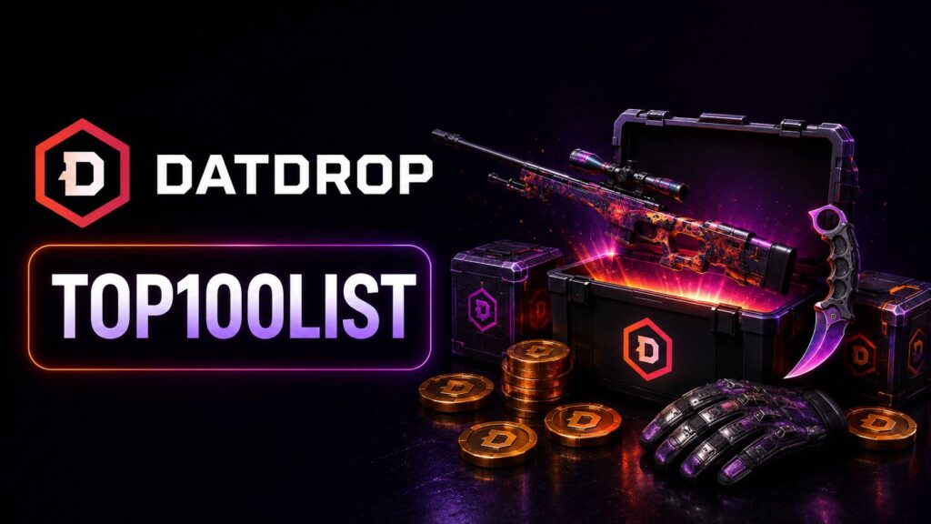 DatDrop promo graphic featuring the TOP100LIST code, DatDrop logo, neon case-opening visuals, CS2 weapon skins, daily free cases, Case Battles, and rewards.