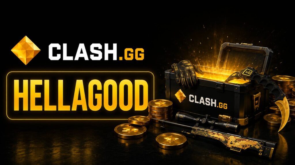 Clash.gg promo graphic featuring the HELLAGOOD code, Clash.gg logo, gold-and-black case-opening visuals, Case Battles, daily rewards, rakeback, and CS2-style items.