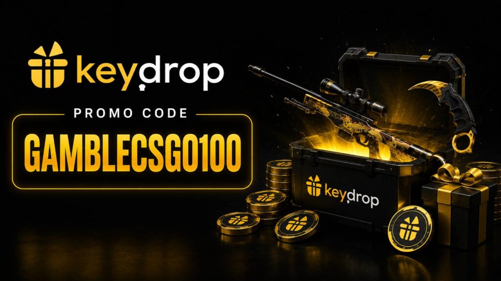 Key-Drop promo graphic featuring the GAMBLECSGO100 code, Key-Drop logo, gold-and-black case-opening visuals, CS2 weapon skins, daily cases, Case Battles, and rewards